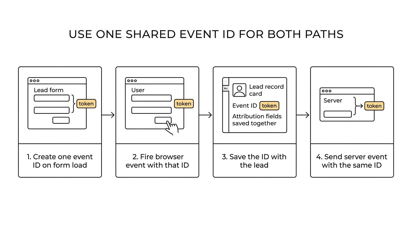Flow diagram showing an ad click leading to a form submission, then matched browser Pixel and server CAPI events using the same event ID and passing attribution data into a CRM.