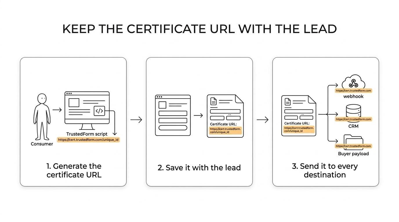 Three-step flow showing a landing page with TrustedForm script creating a certificate URL, the form submission storing that URL, and a webhook or CRM receiving the same field.