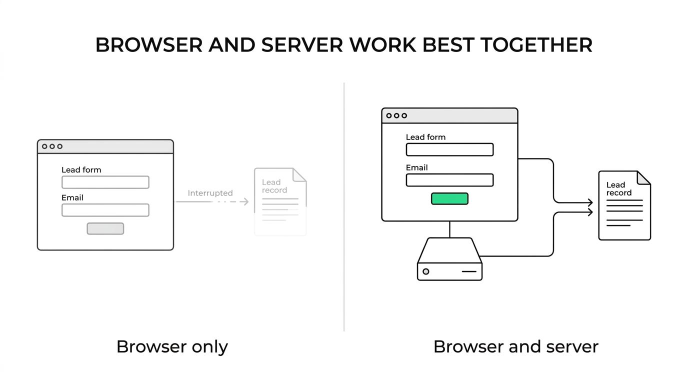 Side-by-side comparison of browser pixel tracking and server-side tracking, showing browser speed, server reliability, and a shared event ID for deduplication.