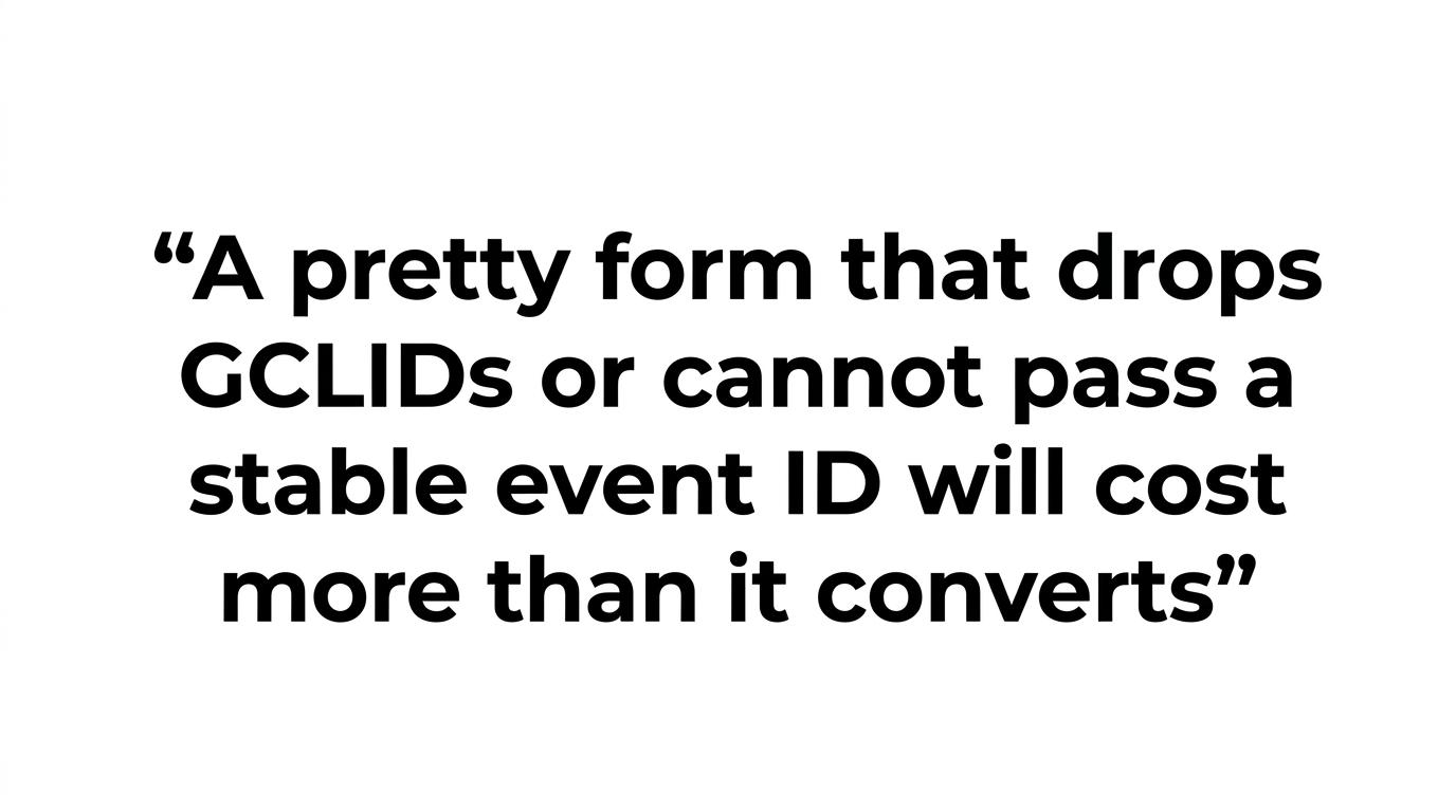 Highlighted pull quote stating that a form that drops GCLIDs or cannot pass a stable event ID will cost more than it converts.